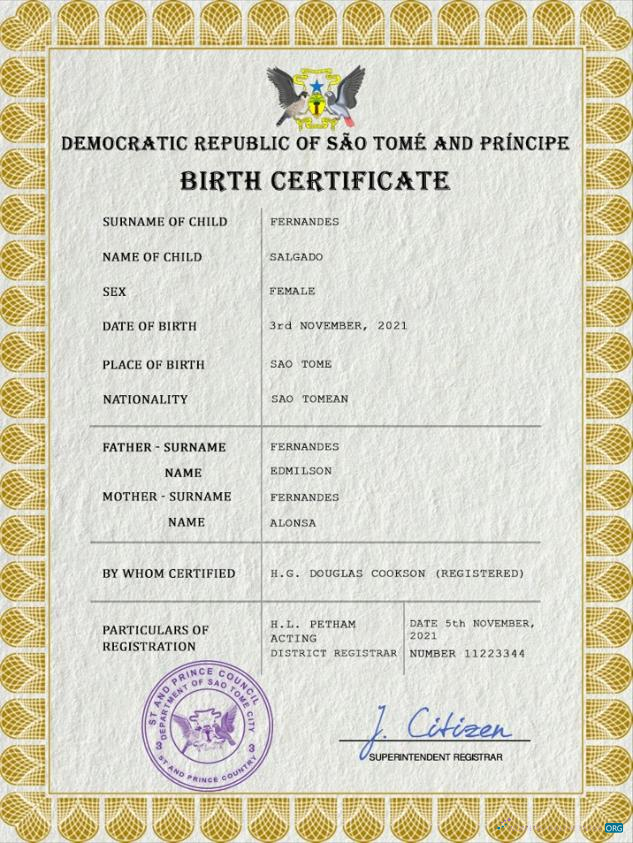 Download Sao Tome and Principe vital record birth certificate PSD template Photoshop template